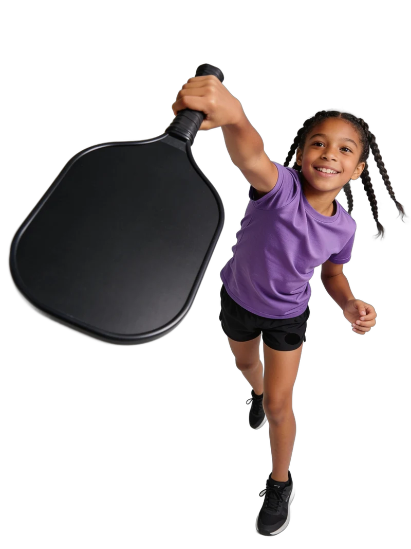 Girl reaching high for a shot with her paddle