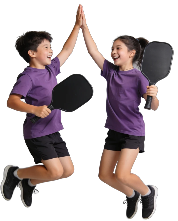 Two kids jumping for a high five, paddles in hand